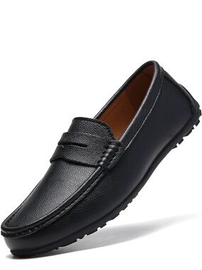 Men's Black Leather Penny Loafers - Classic Slip-On Style, Size 9